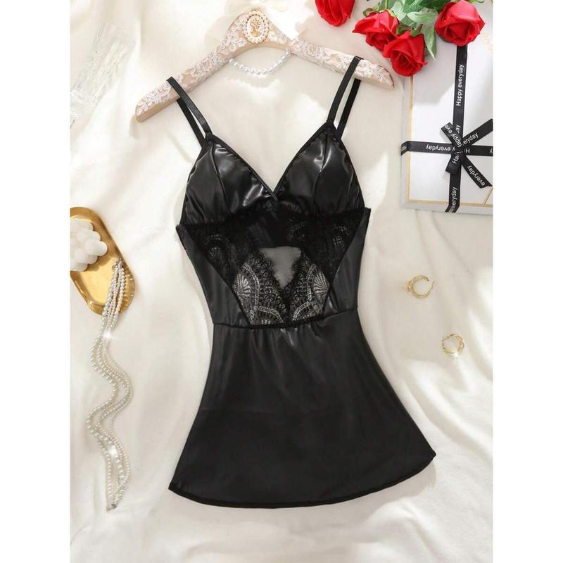 Punk PU Contrast Lace Hollow Sexy Dress Casual Fabric Leather Womenswear Party Piece