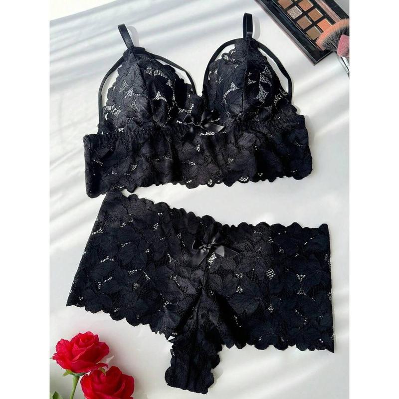 2-Piece Plus Size Women's Non-Wired Lace Bow Bra Set - Comfort Lingerie With Free Gifts, Perfect For Daily & Sleepwear Day Elegance