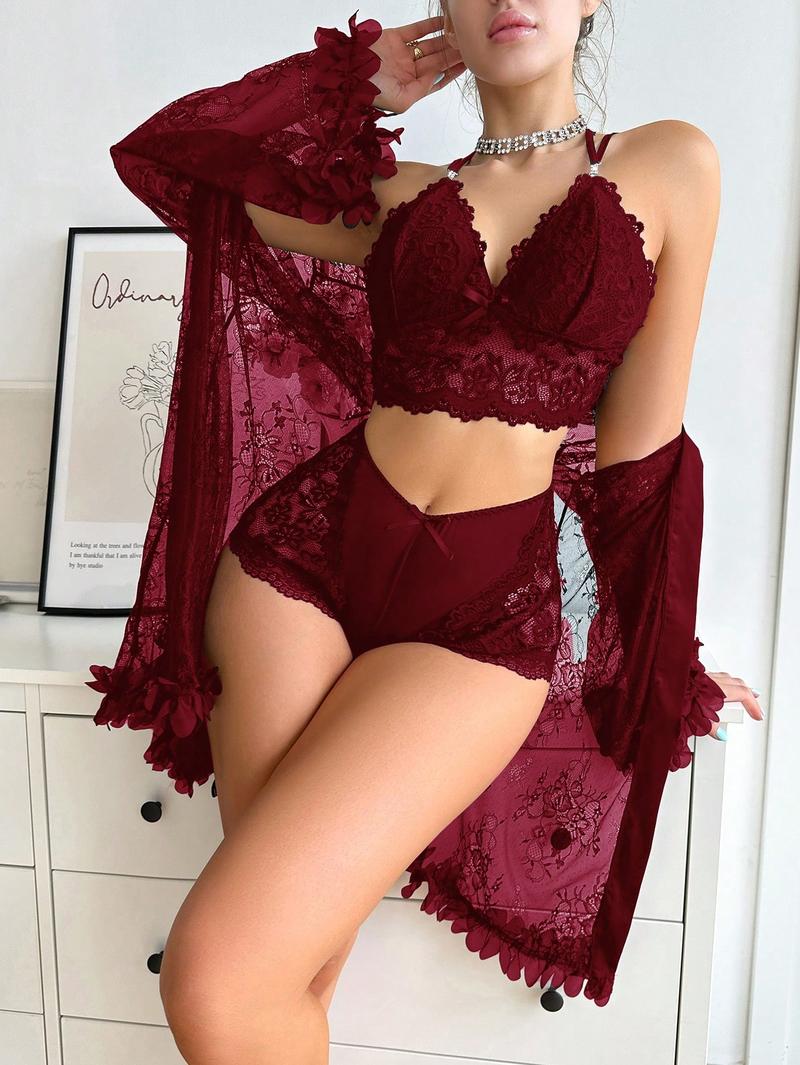 Silky Spell Women's Burgundy contrast night gown romantic neck teddy bodysuit one-piece woman Romantic Dress second vibes thong sexy sleepwear lacey elegant nightwear Vintage Preppy Plaid Crop Top acrylic blend Floral Lace Push-Up Lingerie Set