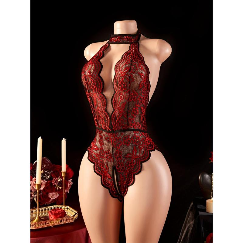 Halter neck lace contrast color sexy lingerie women's sexy clothing crotchless deep V backless design tights