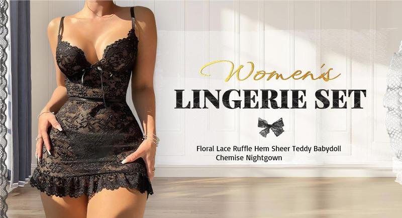 Women's 2 Piece Floral Lace Lingerie Set Night Dress Sleewear,Ruffle Hem Sheer Babydoll Chemise Nightgown,Comfort Springtok Sleeveless Loungewear