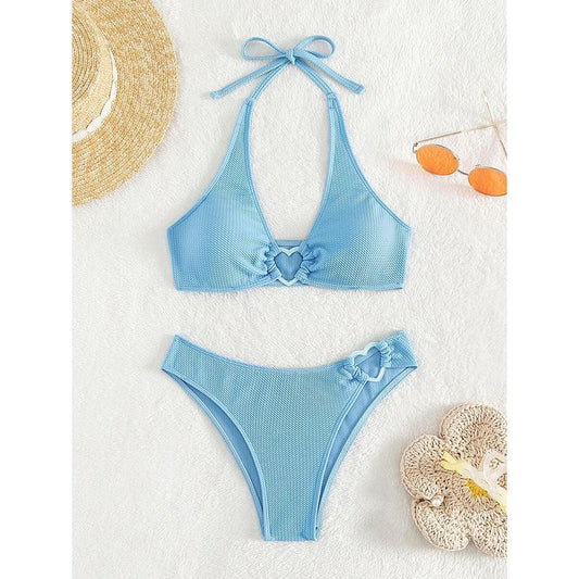 Summer Beach Heart-Ring Textured Halter Bikini Set boutique go nnaw ear it now