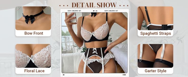Women's 6 Piece Set Floral Lace Bow Front Colorblock Underwire Garter Lingerie Set with Stocking dealsforyoudays