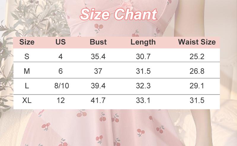 Cute Cherry Print Lace Trim Ruffle Hem Sleeveless Nightgown Chemise Comfy Nightwear