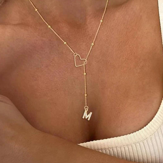 Initial necklaces for Women, Dainty Gold Letter Drop Necklace with Heart 14K Gold Plated