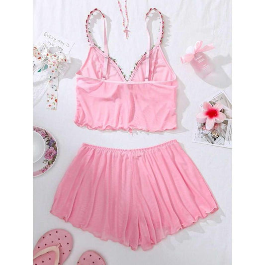2pcs Set Women's Floral Embroidery Decor Mesh Lingerie Set, Kawaii Bra Fabric Day Pants