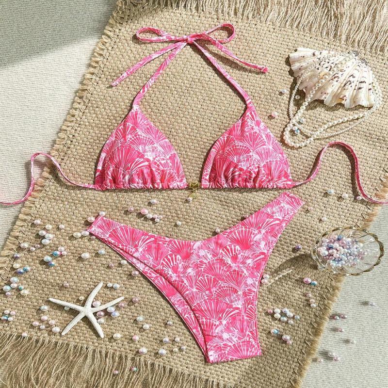 Swim Summer 2 Pieces Outfits For Women - Spaghetti Strap Random Print Top And High Cut Swim Bottoms, Beach Holiday Bikini Set