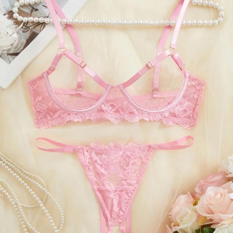 Ugreat Women's Floral Lace Sexy Lingerie Set, Sexy Cut Out Underwire Bra & Open Crotch Design Thong Two-Piece Set, Lingerie Set for Women, 2000s Wear Pink Straps
