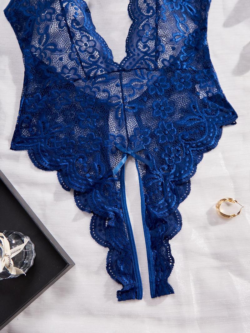 Women's Plain Bow Decor Cut Out Sheer Lace Cami Bodysuit, Sexy Comfy Breathable Backless Bodysuit for Daily Wear, Women's Lingerie for All Seasons