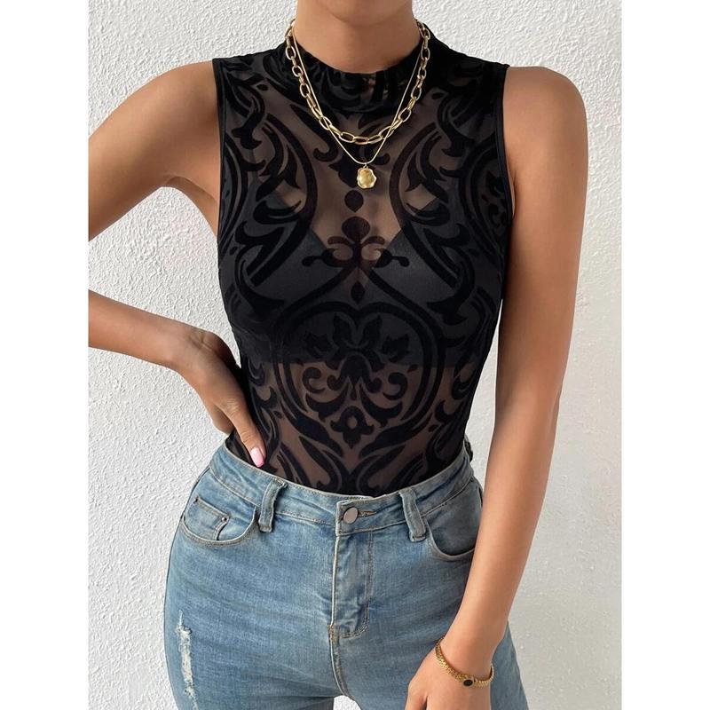 Baroque Print Mock Neck Bodysuit Without Lingerie Set Fabric Womenswear Fit Sleeve
