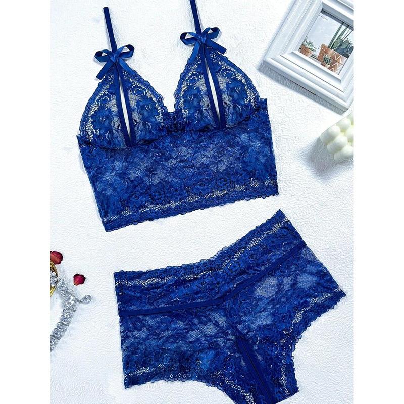 Classic Sexy Floral Lace Cut-out Lingerie Set Piece Womenswear Fabric Blue Basic Minimalist