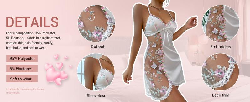 Women's Floral Mesh Embroidery Lace Trim Chemise Wedding Nightwear Satin Slip Dress Babydoll Nightgown,Soft Cut Out Backless Honeymoon  Gift
