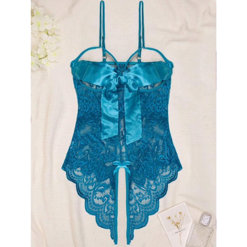 Women's Green Lace Sheer Open Crotch Bodysuit Lingerie for Sexy Wear Polyester Basic