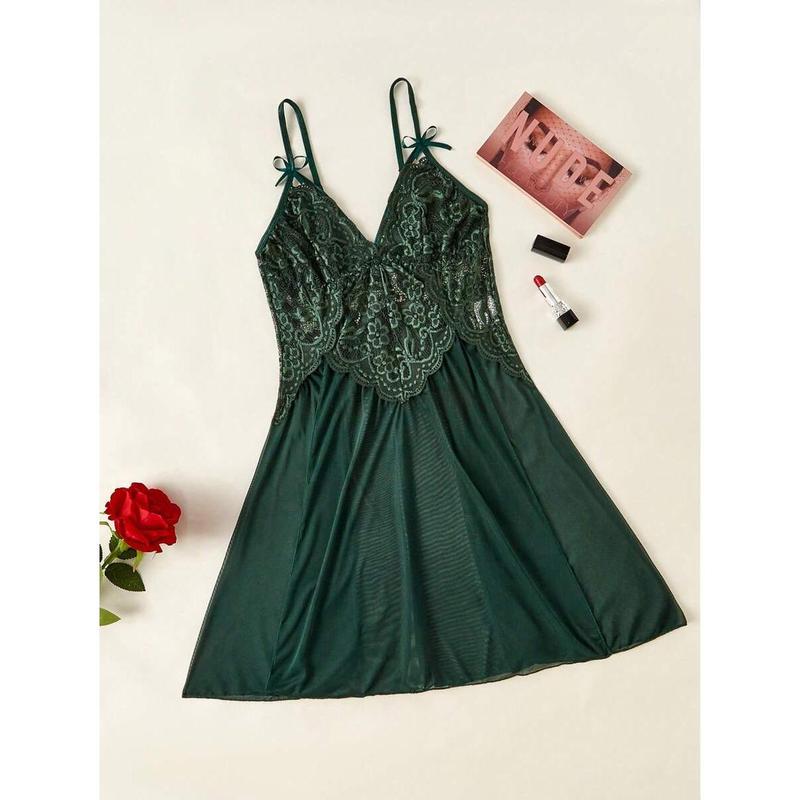 Contrast Lace Bow Front Mesh Babydoll Sexy Lingerie Dress Bow Tie bikini boutique go nnaw ear it now Fabric Womenswear Bra Green