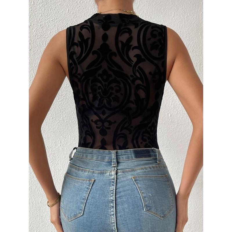 Baroque Print Mock Neck Bodysuit Without Lingerie Set Fabric Womenswear Fit Sleeve