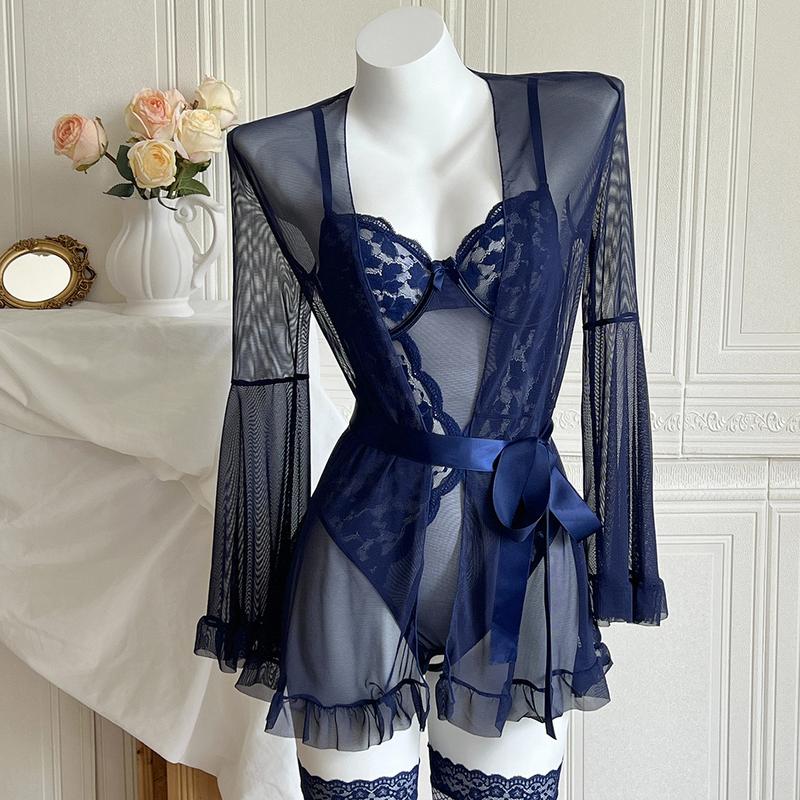 5 Piece Lingerie Set Floral Lace Teddy Bodysuit with Belt Robe Stockings dealsforyoudays