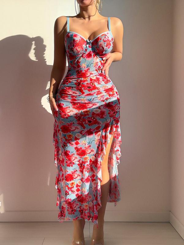 Women's Floral Babydoll Lingerie Dress High Slit Ruffle Long Nightgown with Thong dealsforyoudays