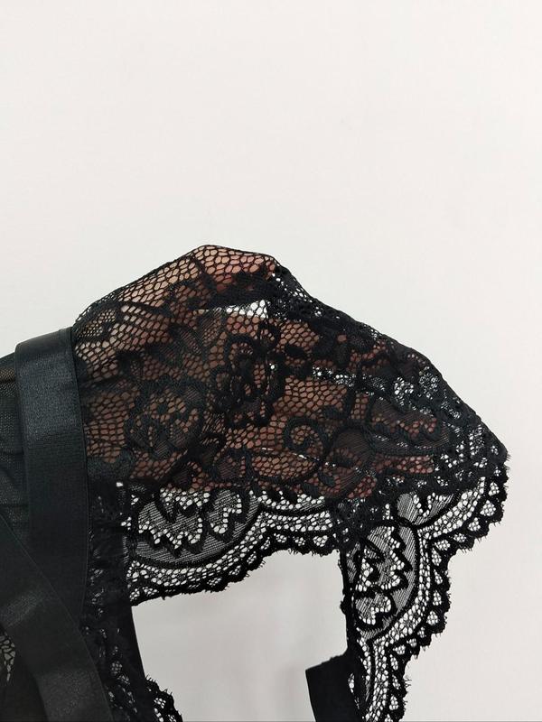 Women's Sheer Lace Sexy Lingerie Two-Piece Set, Sexy Scallop Trim Cut Out Halter Neck Lingerie Top & Thong Set, Women's Lingerie Set for All Seasons