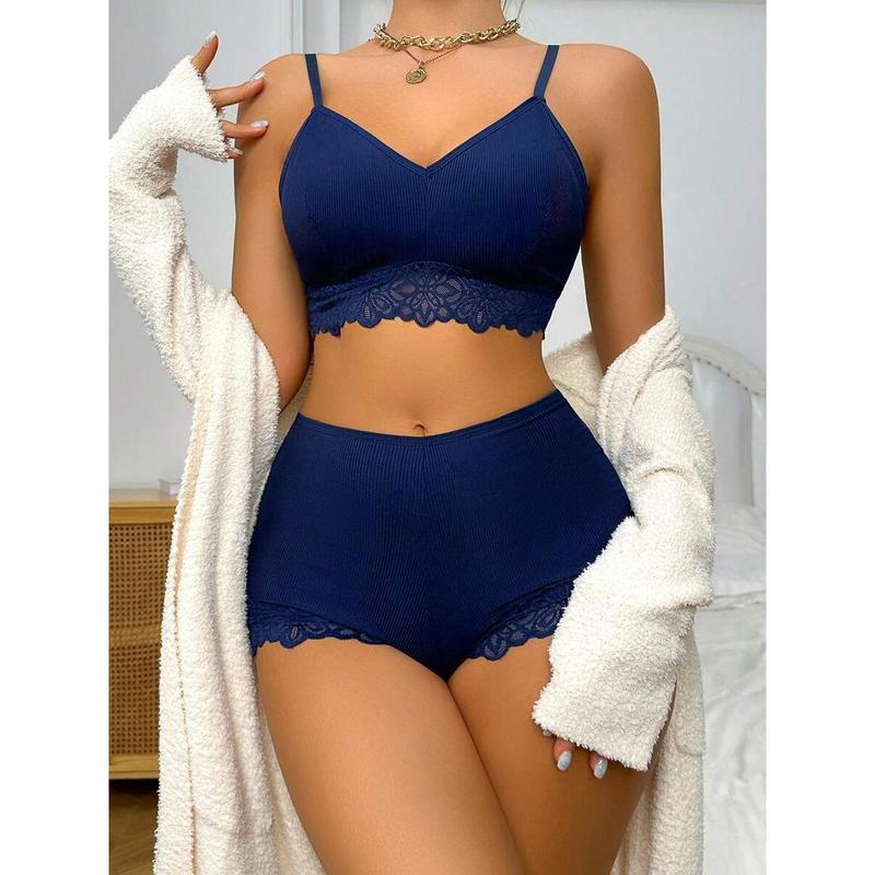 Contrast Lace Bra & Panty Set Lingerie Set Piece Casual Womenswear Spaghetti Strap Bluepanty Minimalist Basic