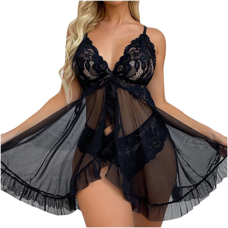 Women's Sheer Mesh Floral Lace Chemise Nightgown Babydoll Nightwear Dress Sexy V-Neck Camisole Dress Sleepwear Nightdress Matching Elegant Polyester Fabric Loungewear Skirt F Bridal airy Comfy Womenswear Basic Minimalist Purple