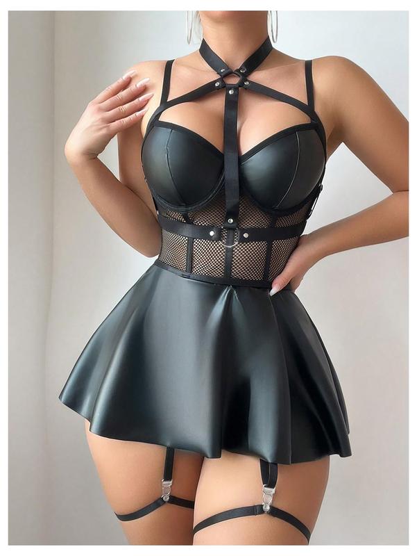 Pu Leather Lingerie Set Hollow Out Halter Underwired Lingerie Dress