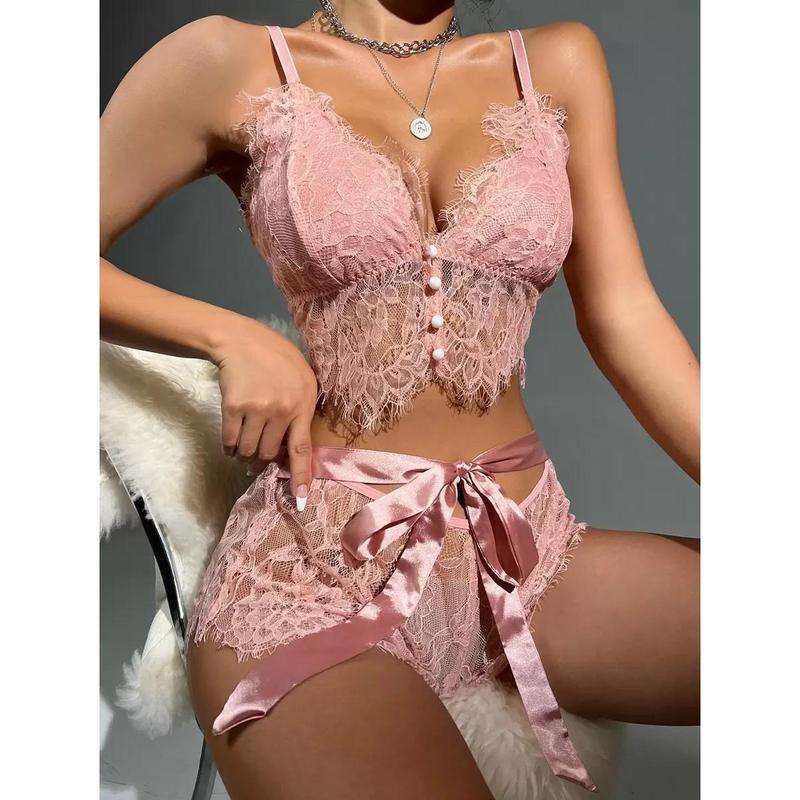 Floral Lace Button Front Bra & Boyshorts Sexy Lingerie Set Womenswear Piece Nightwear Bohemian
