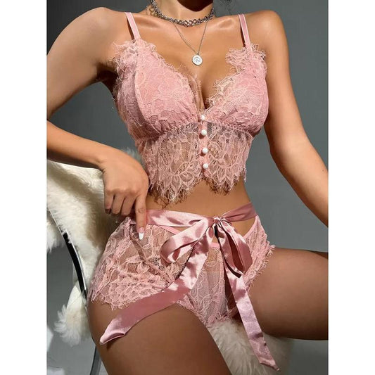 Floral Lace Button Front Bra & Boyshorts Sexy Lingerie Set Womenswear Piece Nightwear Bohemian