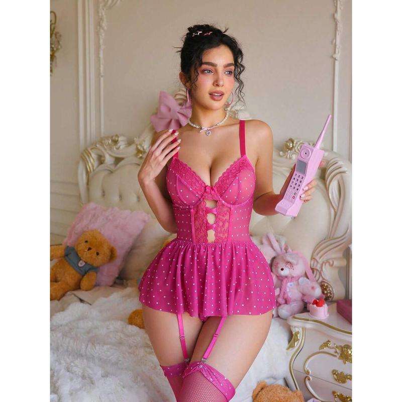 PetitDoll 3pcs Set: Lace Embroidery Sheer Lingerie Jumpsuit + Stockings For Ladies Piece Cute Polyester Womenswear Sleeve Fabric Hot Pink