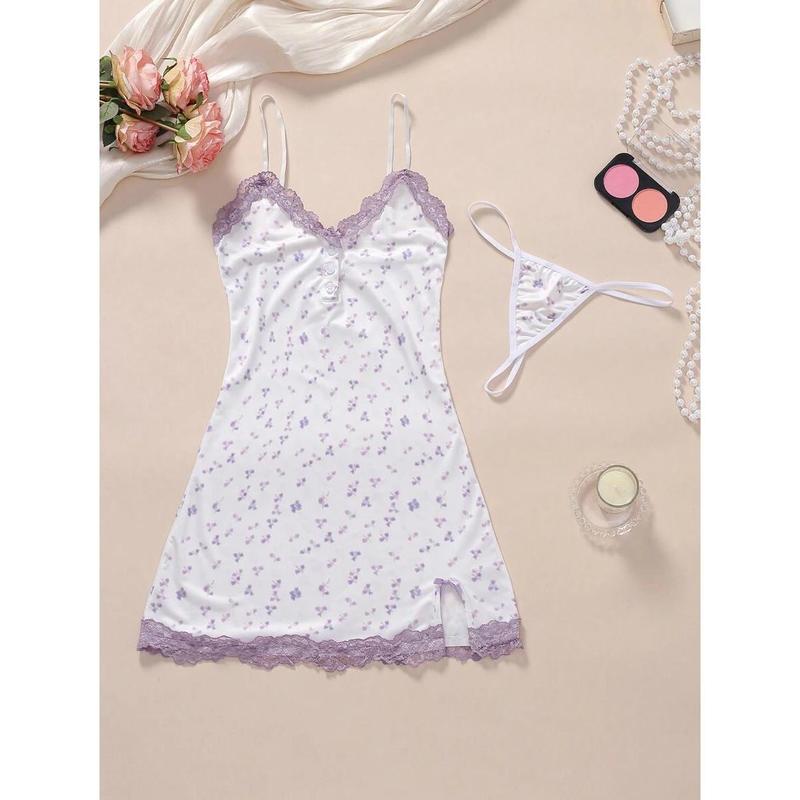 2 Pieces Women Sexy Purple Ditsy Floral Adjustable Strap Lace Patchwork Bow Bodycon Mini Nightgown Sleeve Womenswear Loungewear Nightwear Slip Sleeveless White
