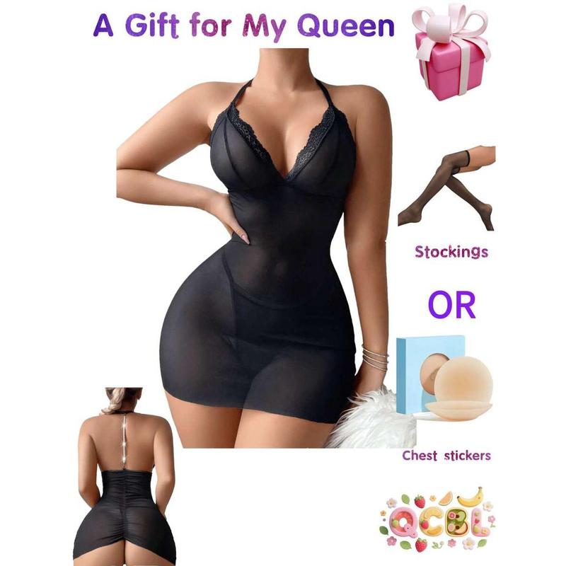 Women's 2-Piece Lingerie Set - Cami Sleep Dress With Thong - Backless Pearl String Mesh Babydoll Dress & Lace Chemise - Gift Included Bra Fabric