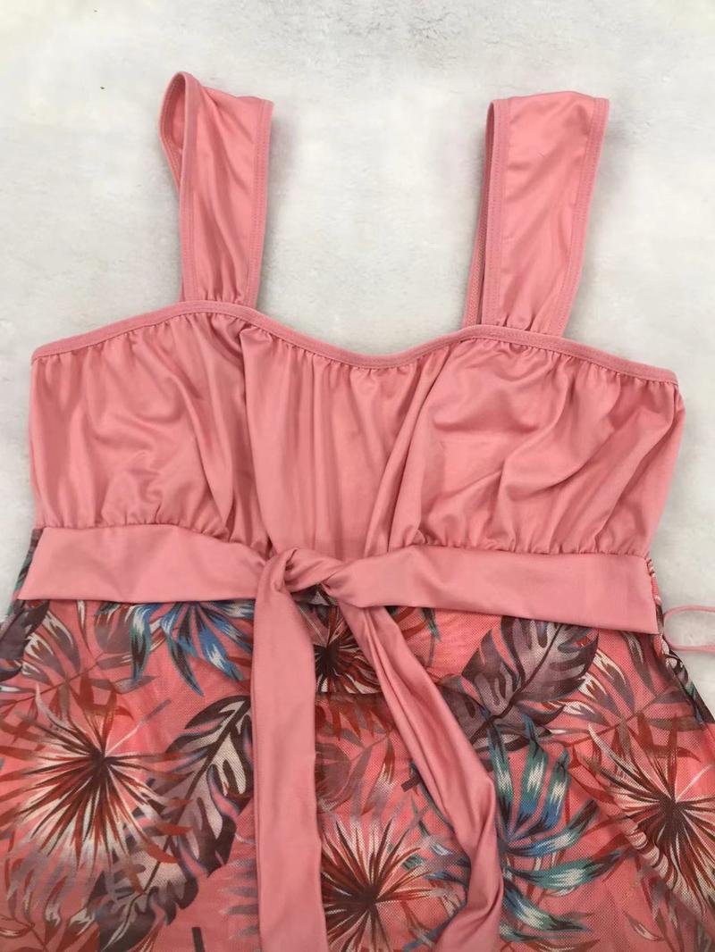 Women's Leaf Print Peplum Hem Tank Nightdress & Panty Two-piece Set, Bohemian Casual Comfy Sleeveless Knot Nightgown & Knicker for Daily Wear, Ladies Sleepwear for All Seasons