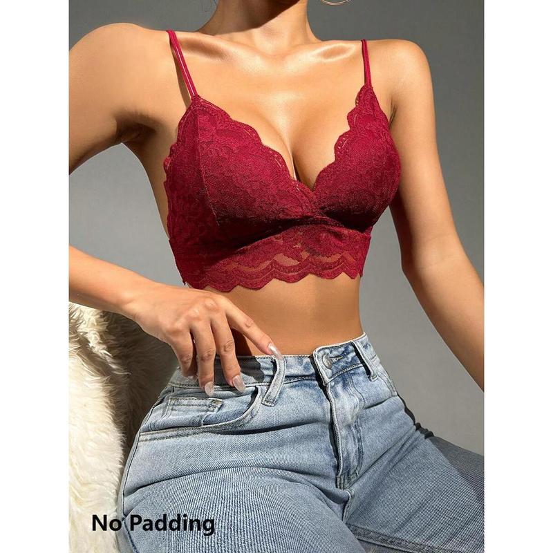 Floral Lace Scallop Trim Bralette Lingerie Womenswear Party Tops Nylon Black