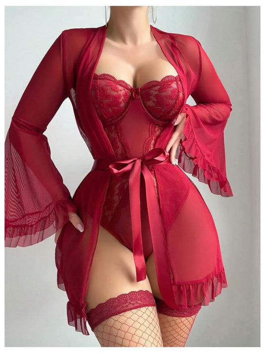 5 Piece Lingerie Set Floral Lace Teddy Bodysuit with Belt Robe Stockings dealsforyoudays