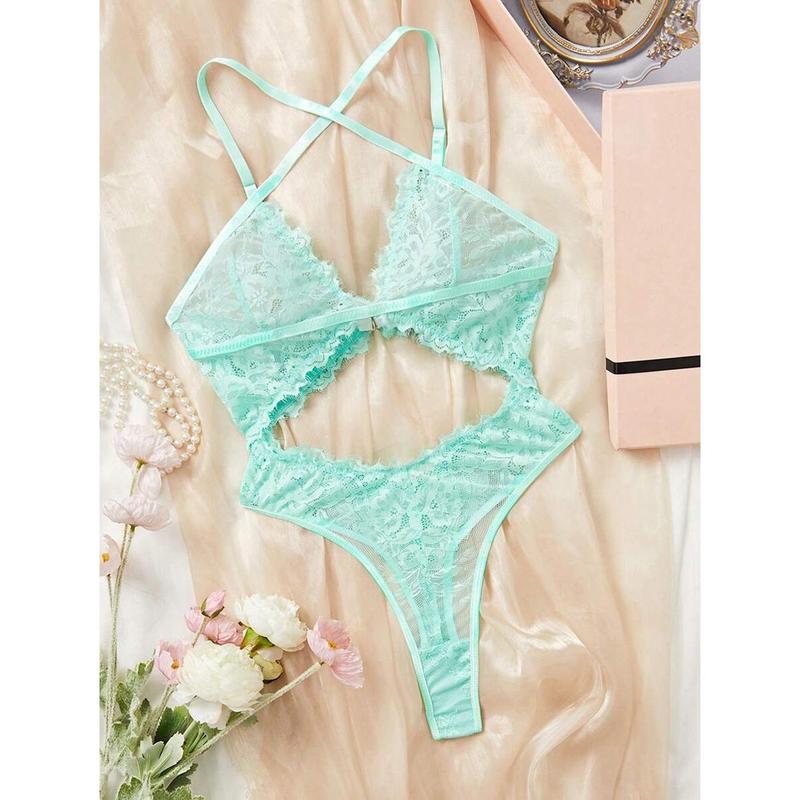 Classic Sexy Women's Sexy Lace Hollow Out Fashionable Bodysuit Lingerie Womenswear Bra Green Polyester Panty Strap Fabric Basic