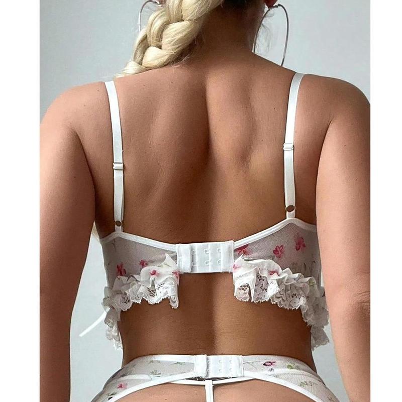 5 Piece Lingerie Set Lace Floral Ruffle Garter Underwire Teddy Lingerie Set with Stocking