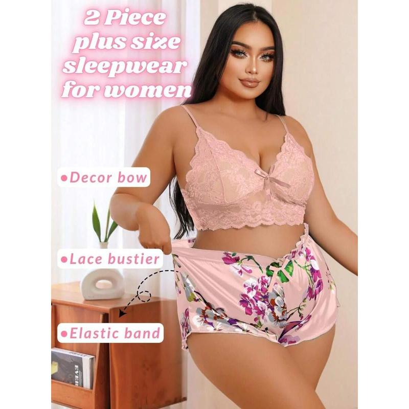 Plus Size Women's 2-Piece Lingerie Set - Floral Lace Cami Top With Satin Shorts Pajama Set |   Party Outfit & Home Wear |   Gift Included Bra Panty