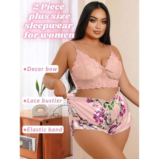 Plus Size Women's 2-Piece Lingerie Set - Floral Lace Cami Top With Satin Shorts Pajama Set |   Party Outfit & Home Wear |   Gift Included Bra Panty