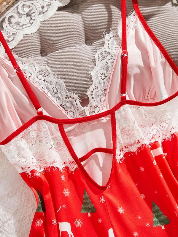 Christmas Women's Sleepwear, Reindeer Print Strap Nightgown, Festive Holiday Pajamas, Cozy Loungewear for Christmas Celebrations