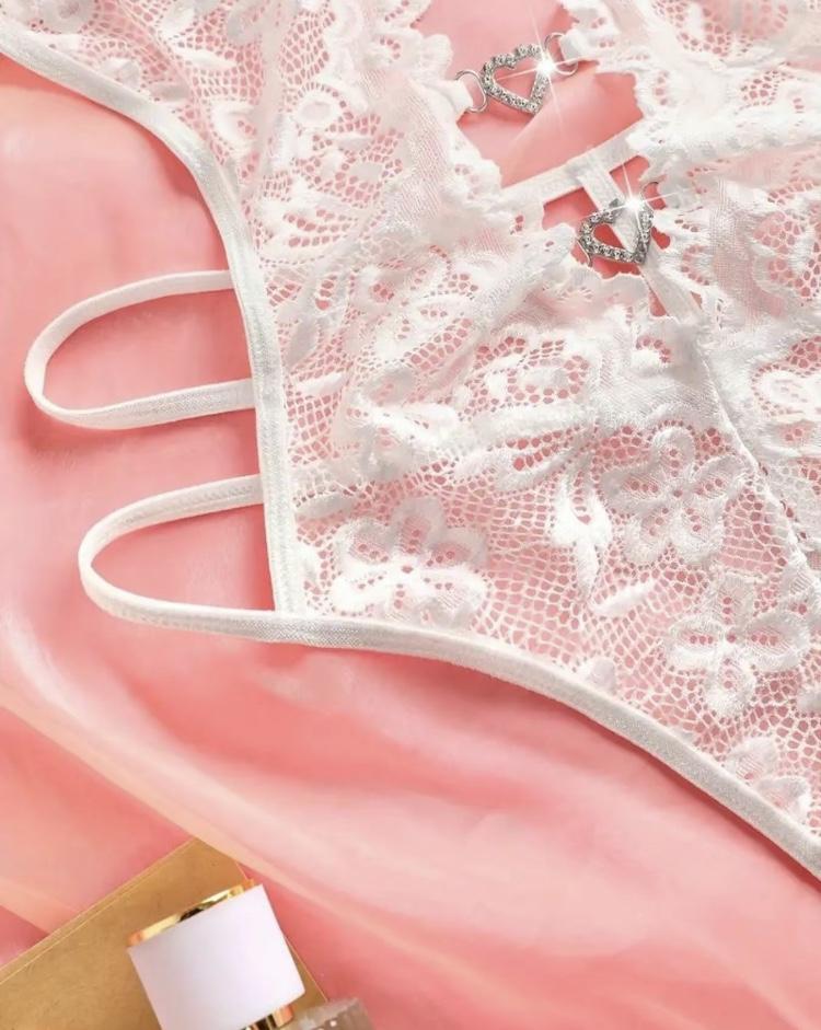 Ugreat Women's Floral Lace Rhinestone Ring Linked Sheer Teddy Bodysuit, Sexy fashion Contrast Lace Tie Backless Bodysuit for Daily Wear, Women's Lingerie for All Reasons Black Fabric