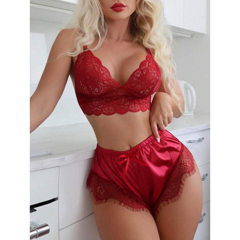 Contrast Lace Satin Bra & Boyshorts Lingerie Set Piece Womenswear Pink French Elegant Basic