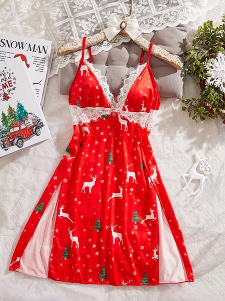 Christmas Women's Sleepwear, Reindeer Print Strap Nightgown, Festive Holiday Pajamas, Cozy Loungewear for Christmas Celebrations