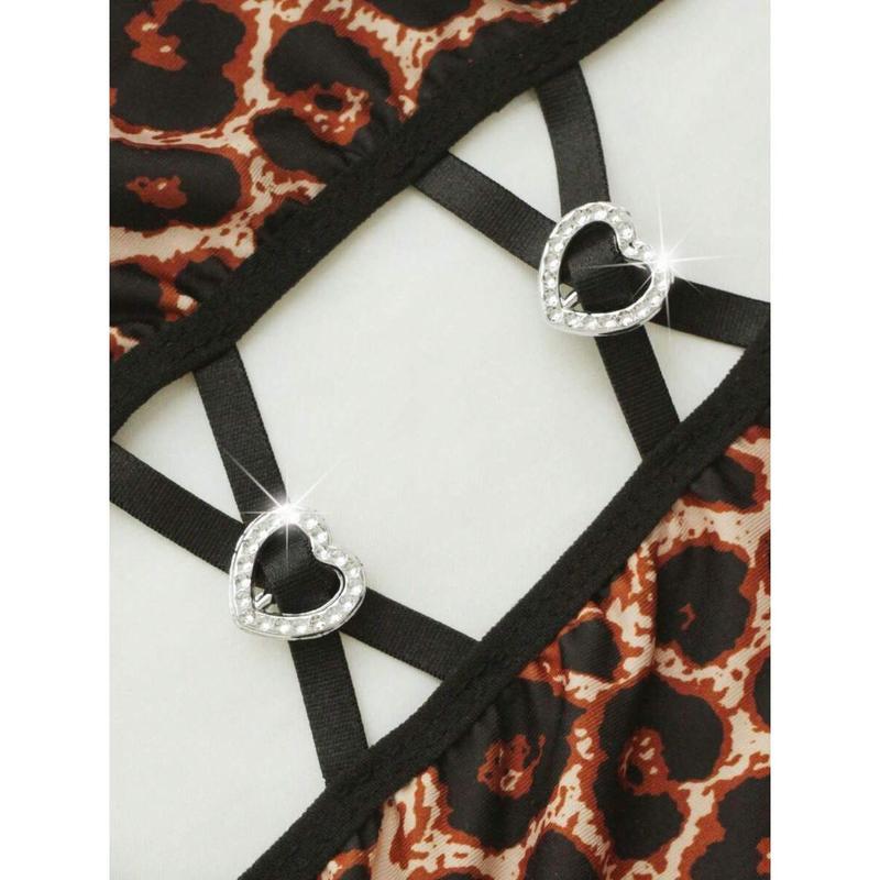 1pc Women's Sexy Leopard Print Jumpsuit With Criss-Cross Tie And Heart-Shaped Rhinestone Decor, Backless Hollow-Out Design, Highwaist Cutout Style, Intimate Apparel Fabric Lingerie Womenswear Day