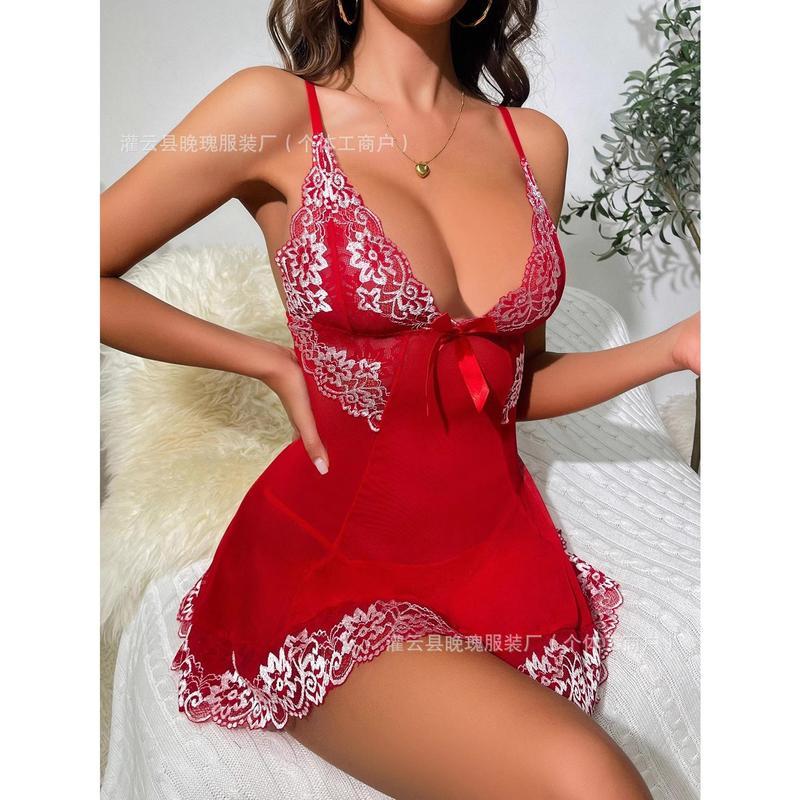 Women’s New Sexy Orange Lace Mesh Lingerie Dress Womenswear Loungewear