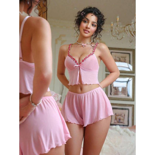 2pcs Set Women's Floral Embroidery Decor Mesh Lingerie Set, Kawaii Bra Fabric Day Pants