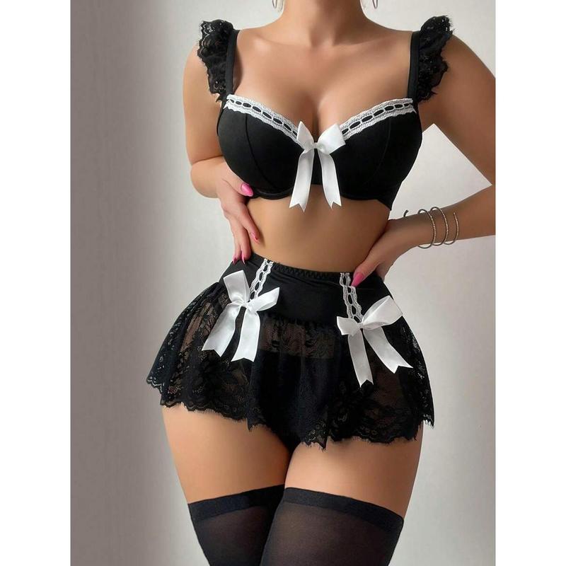 5 Pieces Set: Lace Splice Underwire Bra Top + G-String + Ruffle Waist Skirt + 2 Pairs Of Socks Fabric Womenswear Costumes Clothes
