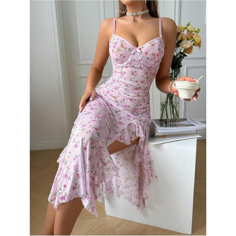 Women's Floral Babydoll Lingerie Dress High Slit Ruffle Long Nightgown with Thong dealsforyoudays