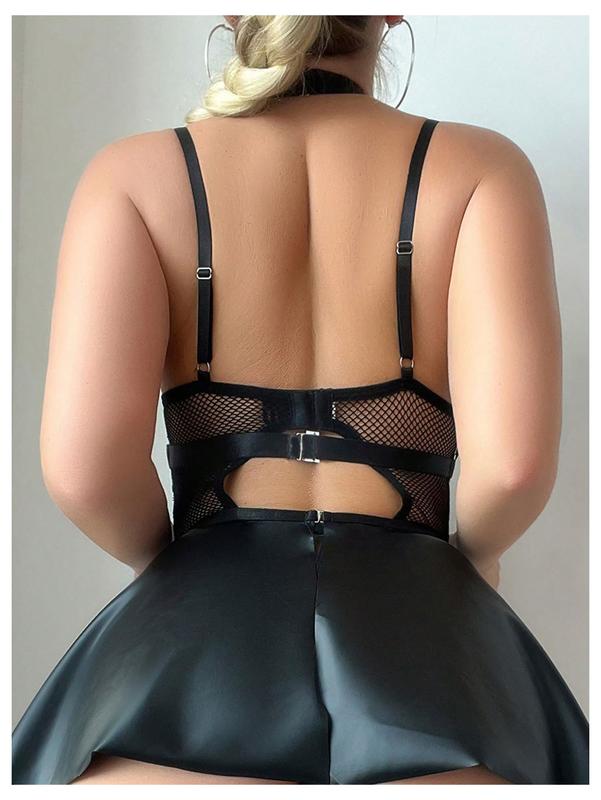 Pu Leather Lingerie Set Hollow Out Halter Underwired Lingerie Dress