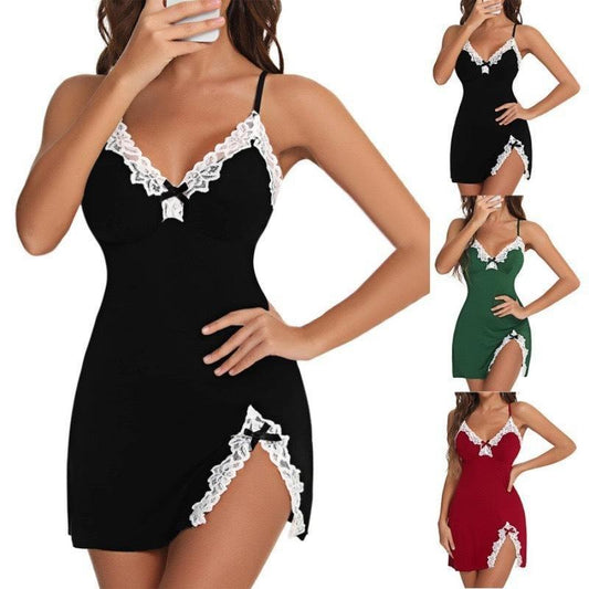 Plus Size Sexy Push up Deep V Bow Side Stitched Slim Fit Slip Nightdress Lingerie Suit Loungewear Nightwear