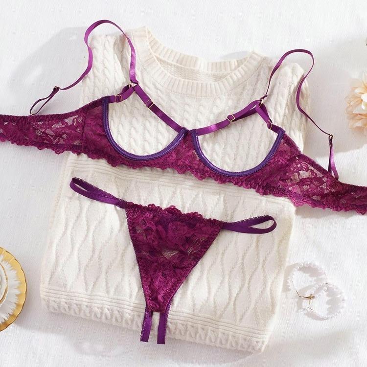 Ugreat Women's Floral Lace Sexy Lingerie Set, Sexy Cut Out Underwire Bra & Open Crotch Design Thong Two-Piece Set, Lingerie Set for Women, 2000s Wear Pink Straps