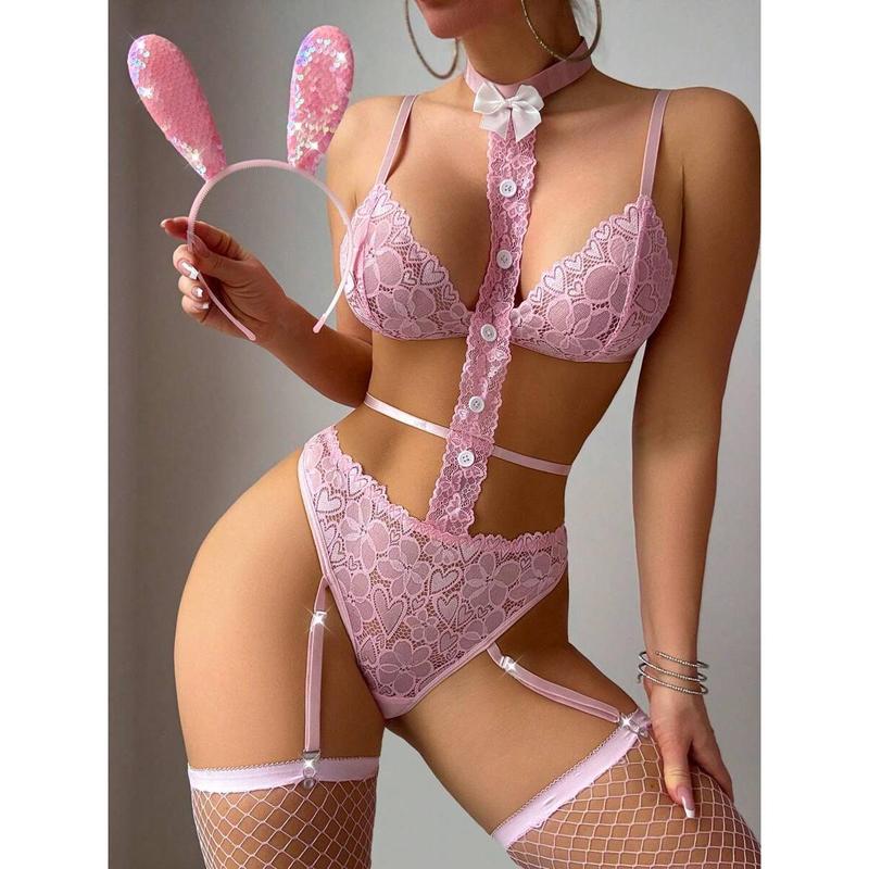 Valentine's Day Sexy Bunny Girl Lace Lingerie Set With Headband And Fishnet Stockings, 5pcs Fabric Womenswear